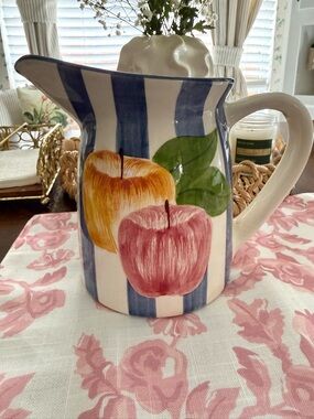 Laurie Gates Los Angeles Pottery Apple Pitcher - Blue & White Stripe - Vintage